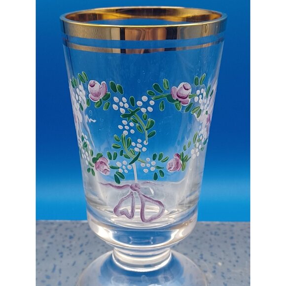 2 Antique Moser Enameled Pedestal Glasses Gold Rim Purple Floral Swags Design - Picture 8 of 16